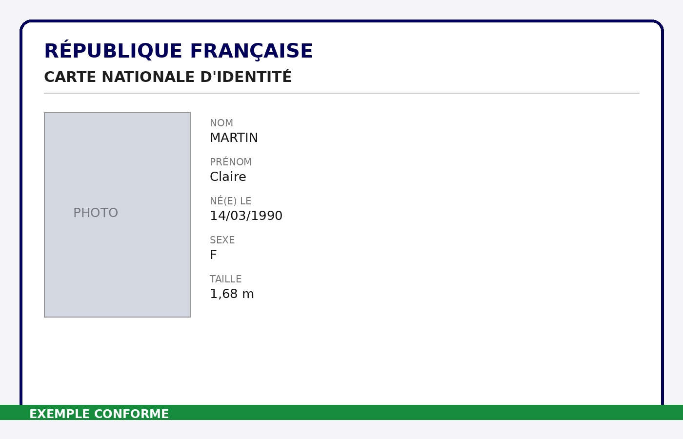 Exemple de carte d'identité conforme : nette, entière, sans reflet